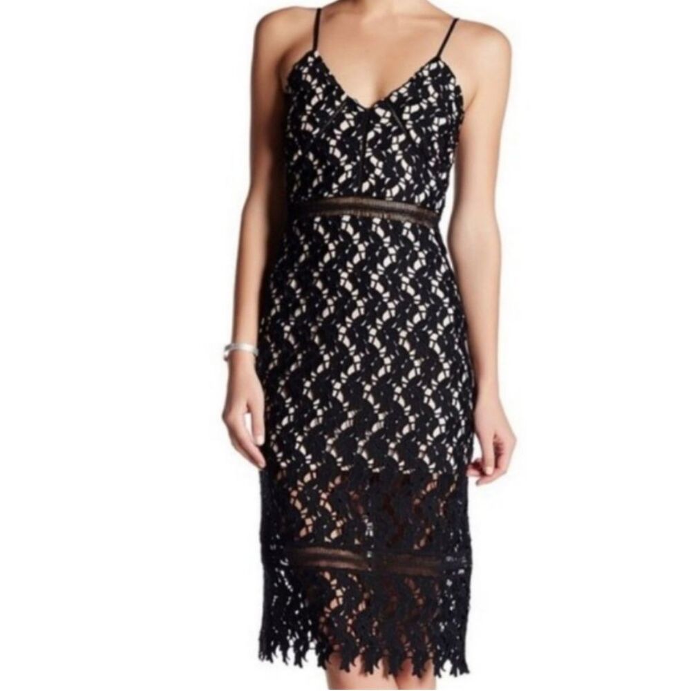 NWT Endless Rose Petal Lace Cutout Overlay Midi Dress Size Small Black Nude